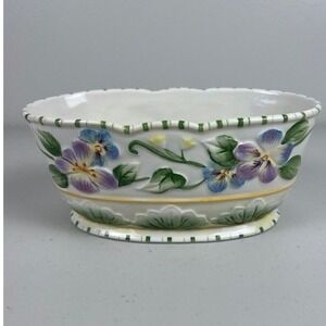 Fitz and Floyd Classics Halcyon FF6 Oval Pansy Floral Ceramic Planter Bowl 8.5in